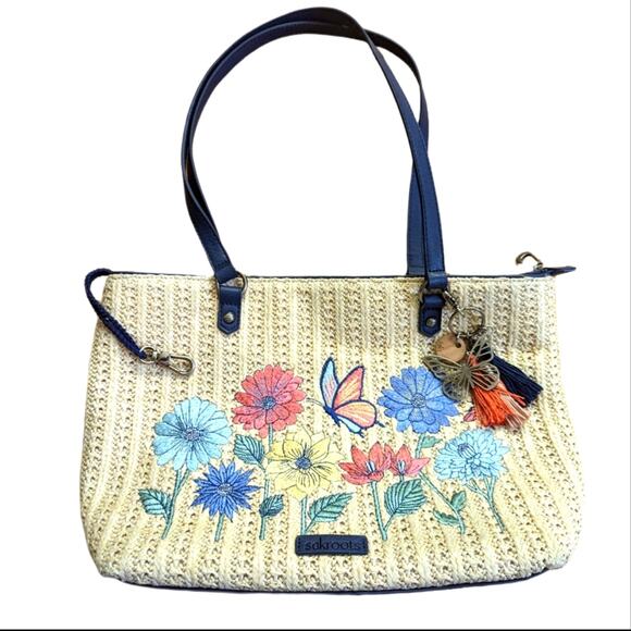Sakroots Boho Spring Butterfly Floral Woven Jute Tote Shoulder Bag - Picture 1 of 8